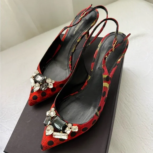 Dolce & Gabbana Red Polka Dot Embellished Heels size 7 - Picture 3 of 12